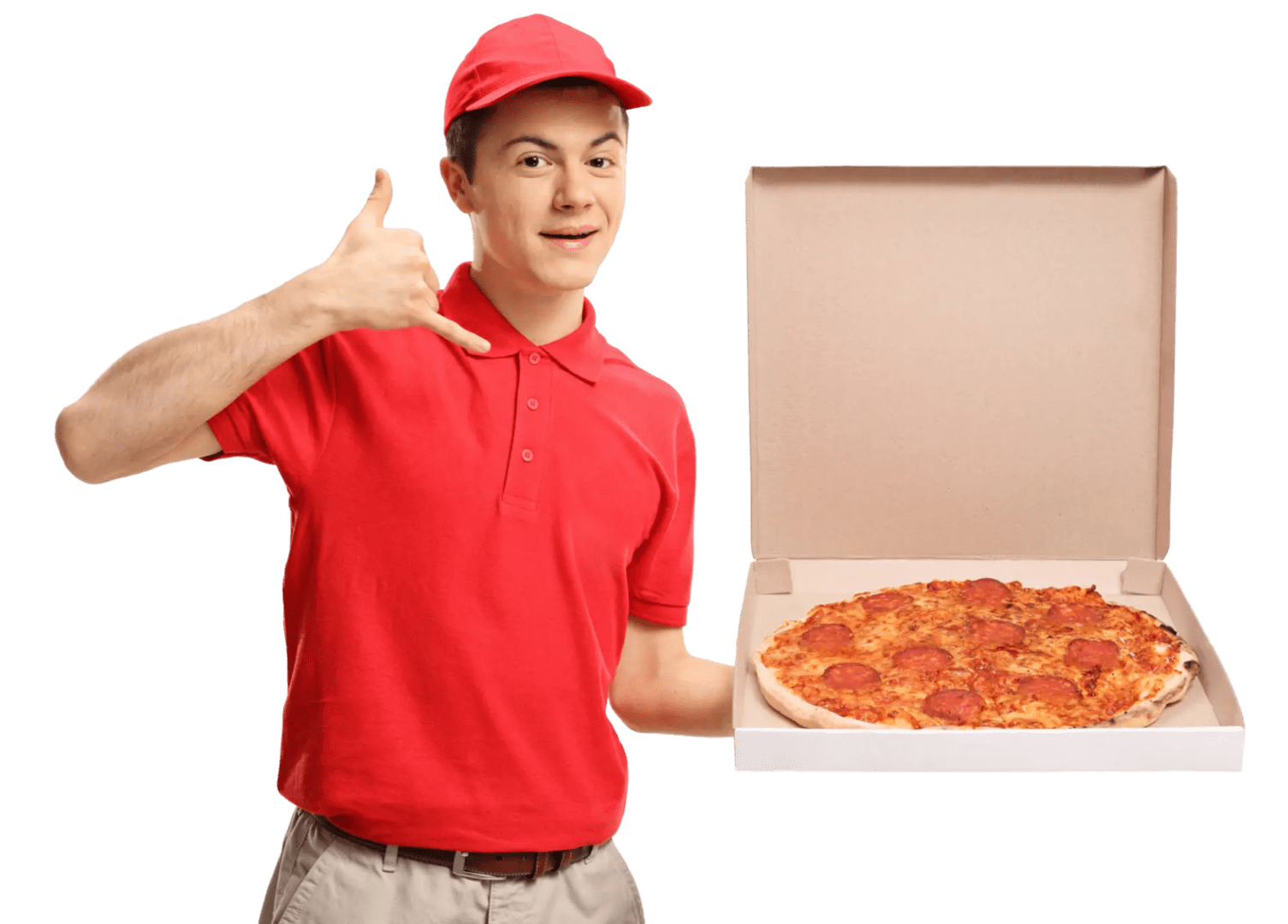 Pizza delivery person making a phone gesture.