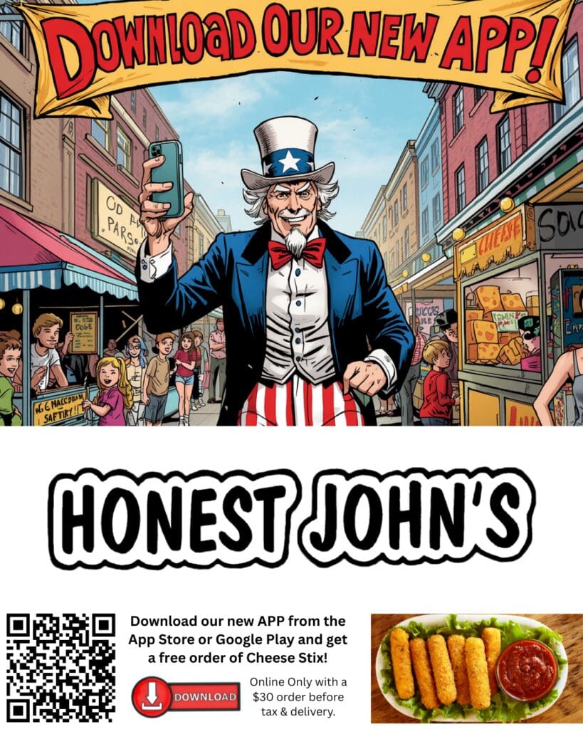 Cartoon character promoting Honest John's app.